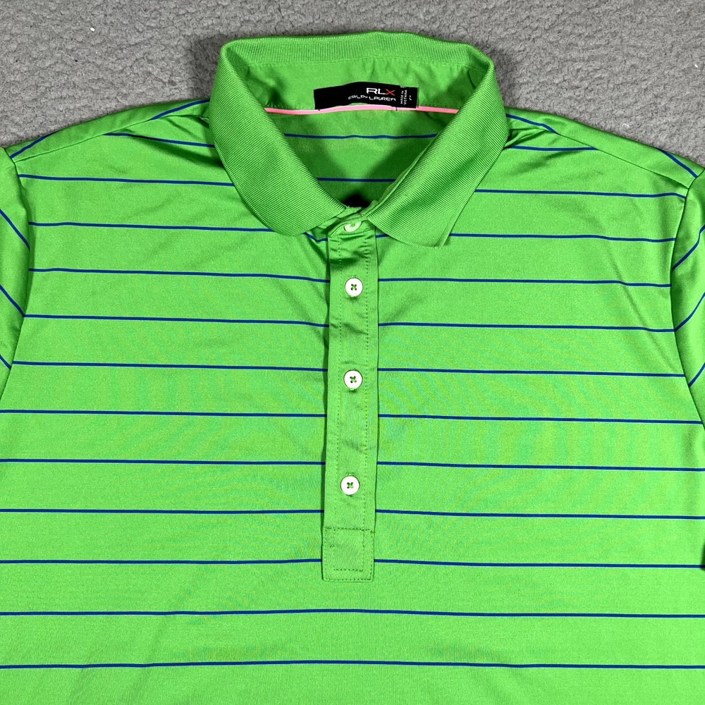 RLX Ralph Lauren Shirt Mens Large Green Striped Golf Polo Performance Stretch